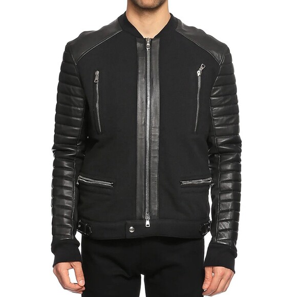 $3245 Balmain Men's Zip Front Cotton & Leather Biker Moto Jacket Black Size L